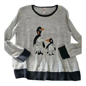 Holiday Time Women XXL Gray Black Silver Sequin Penguin Holiday Sweater Pullover